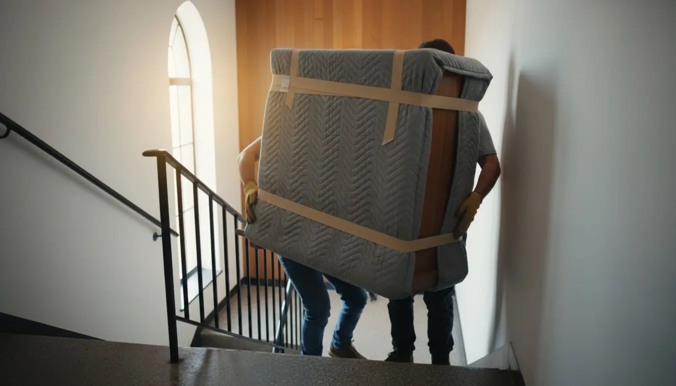 To personer bærer et væghængt overskab ned ad en opgang, pakket i tæppe og iført handsker.