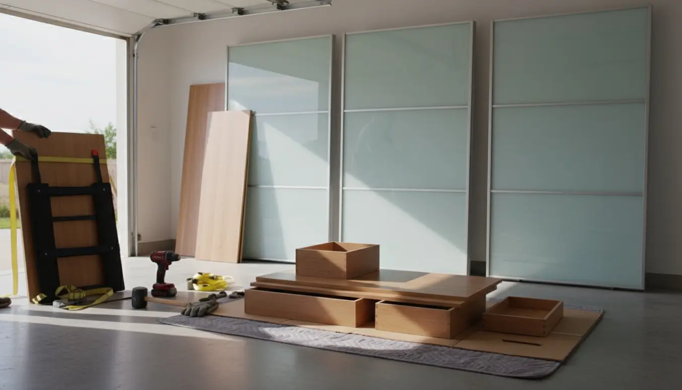 Nedrevet skab i garage med tre høje skydedøre i glas og stablede trædele klar til afhentning.