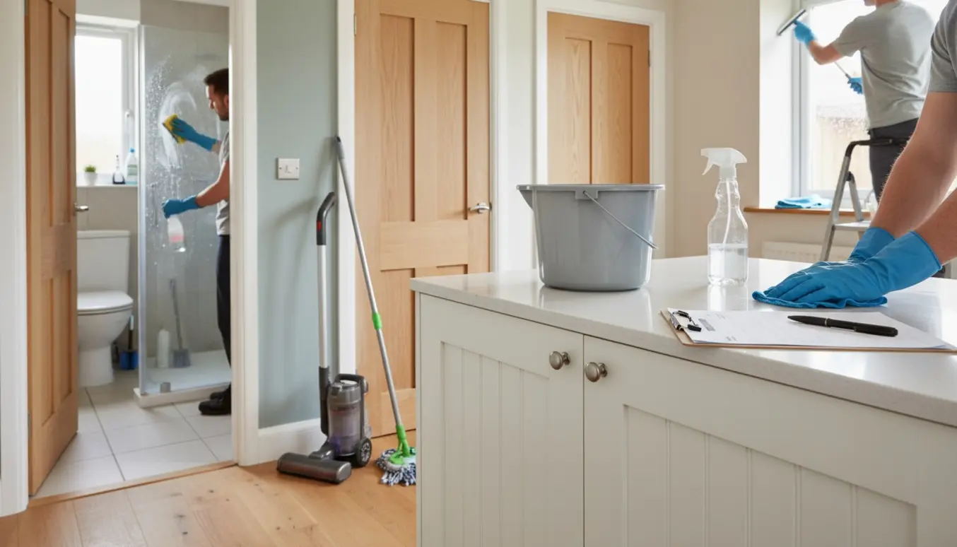 Lyst interiørfoto af hovedrengøring med rengøringsudstyr, afkalket brusekabine og en tom faktura på bordet.