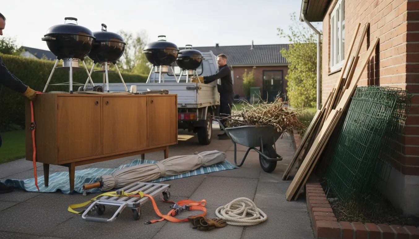 Indkørsel med gamle grill, en 2 m skænk, parasol og haverester samlet klar til afhentning.