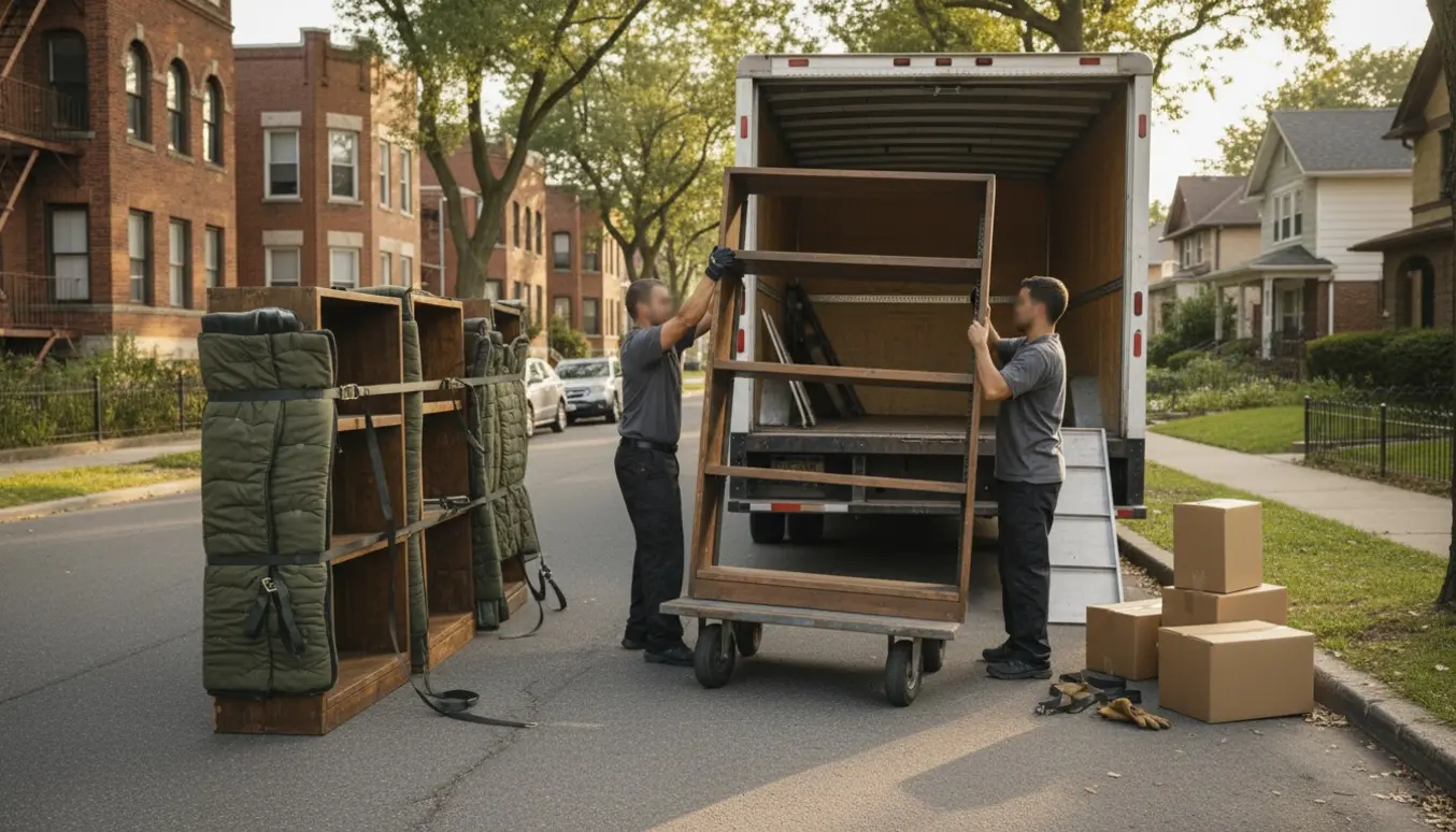 To flyttemænd løfter en indpakket reol ind i en flyttebil på en træfyldt gade, med flere reoler pakket og klar til transport.