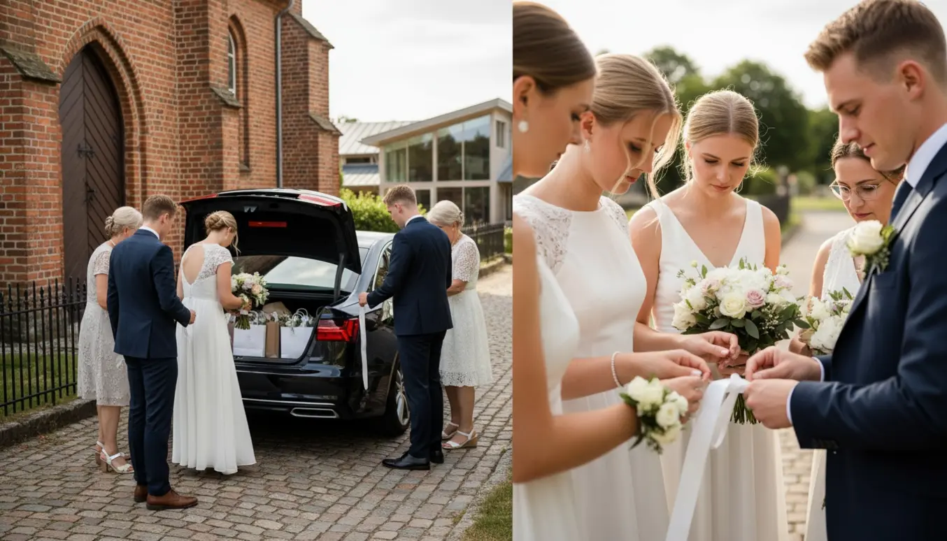 Konfirmationsbil ved en dansk kirke med unge i hvidt, blomster og gaver klar til afgang.