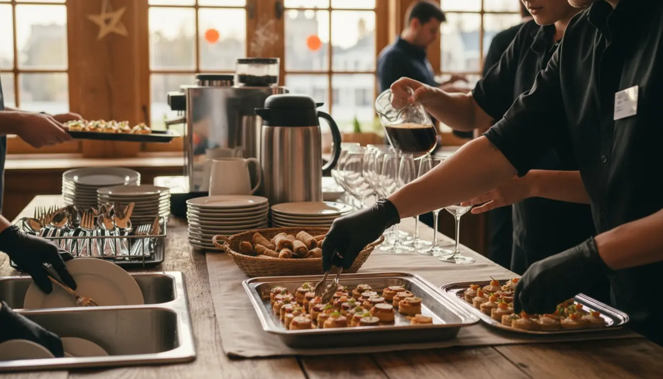 Hænder fylder op på buffet med mad og kaffe, rydder service af og vasker op i et ryddeligt festkøkken.