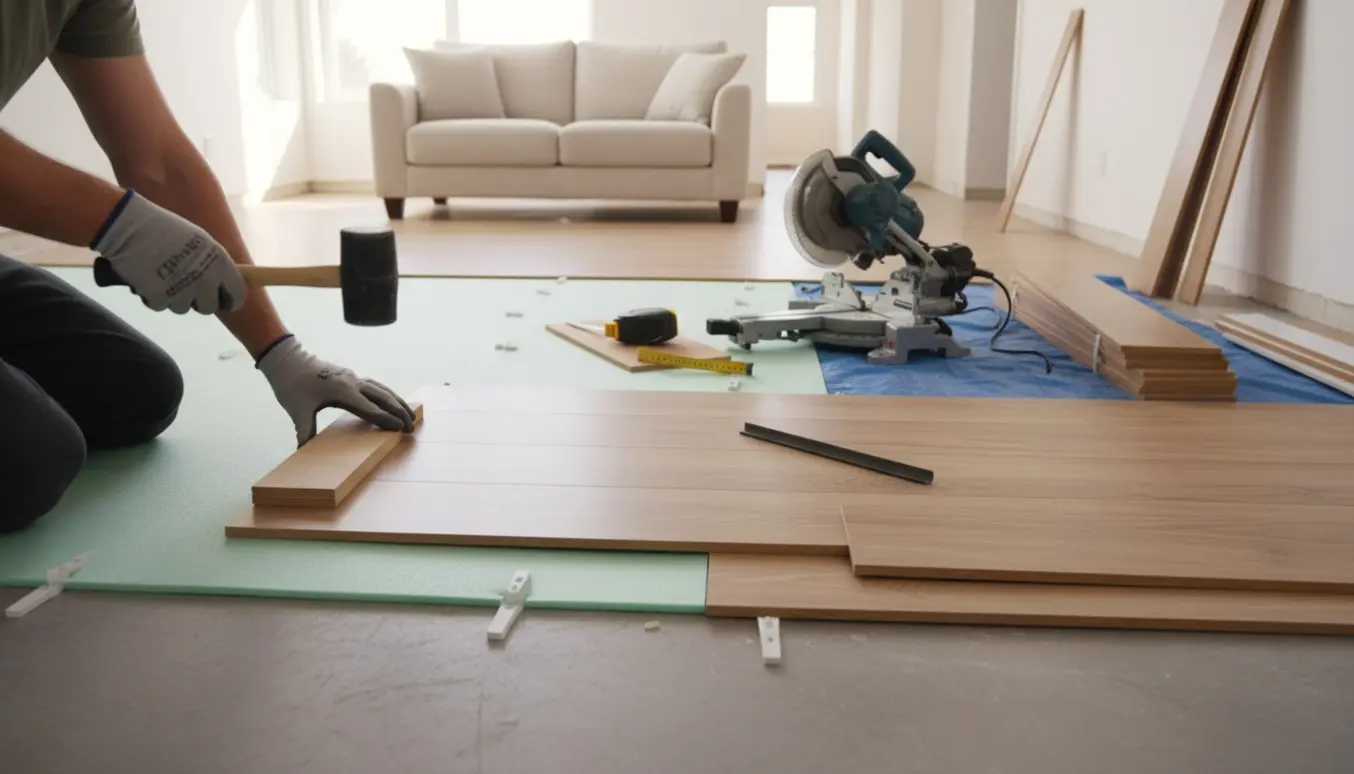 Delvist lagt laminatgulv i stue og gang med hænder, der monterer en planke.
