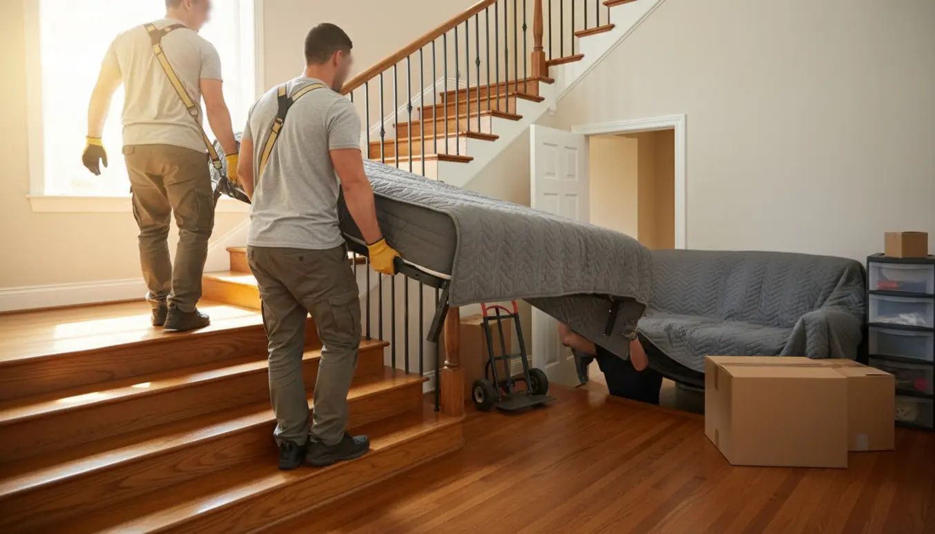 To flyttemænd bærer en madras og sengeramme ned ad en trappe med sofa og skuffer klar ved kælderen.