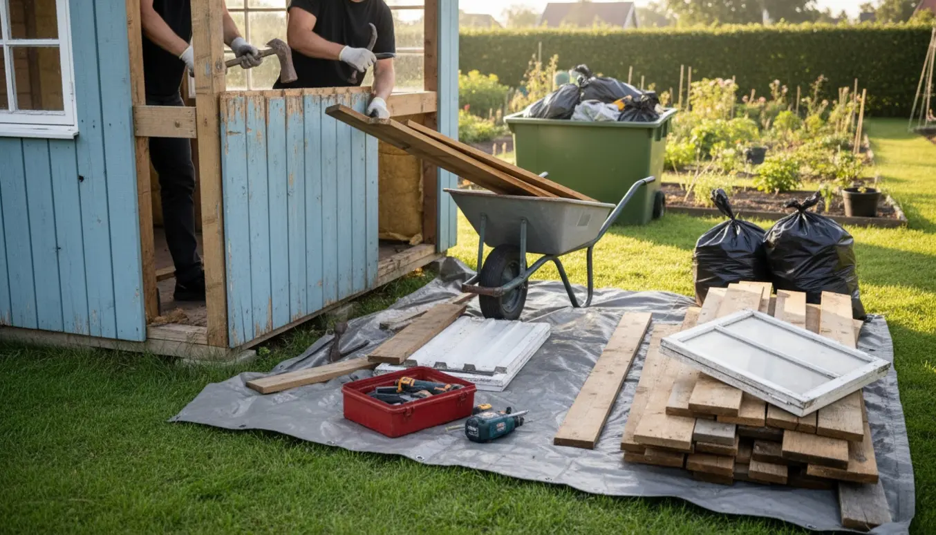 Nedrivning af et lille kolonihavehus med værktøj, stabler af materialer og affald klar til bortskaffelse.