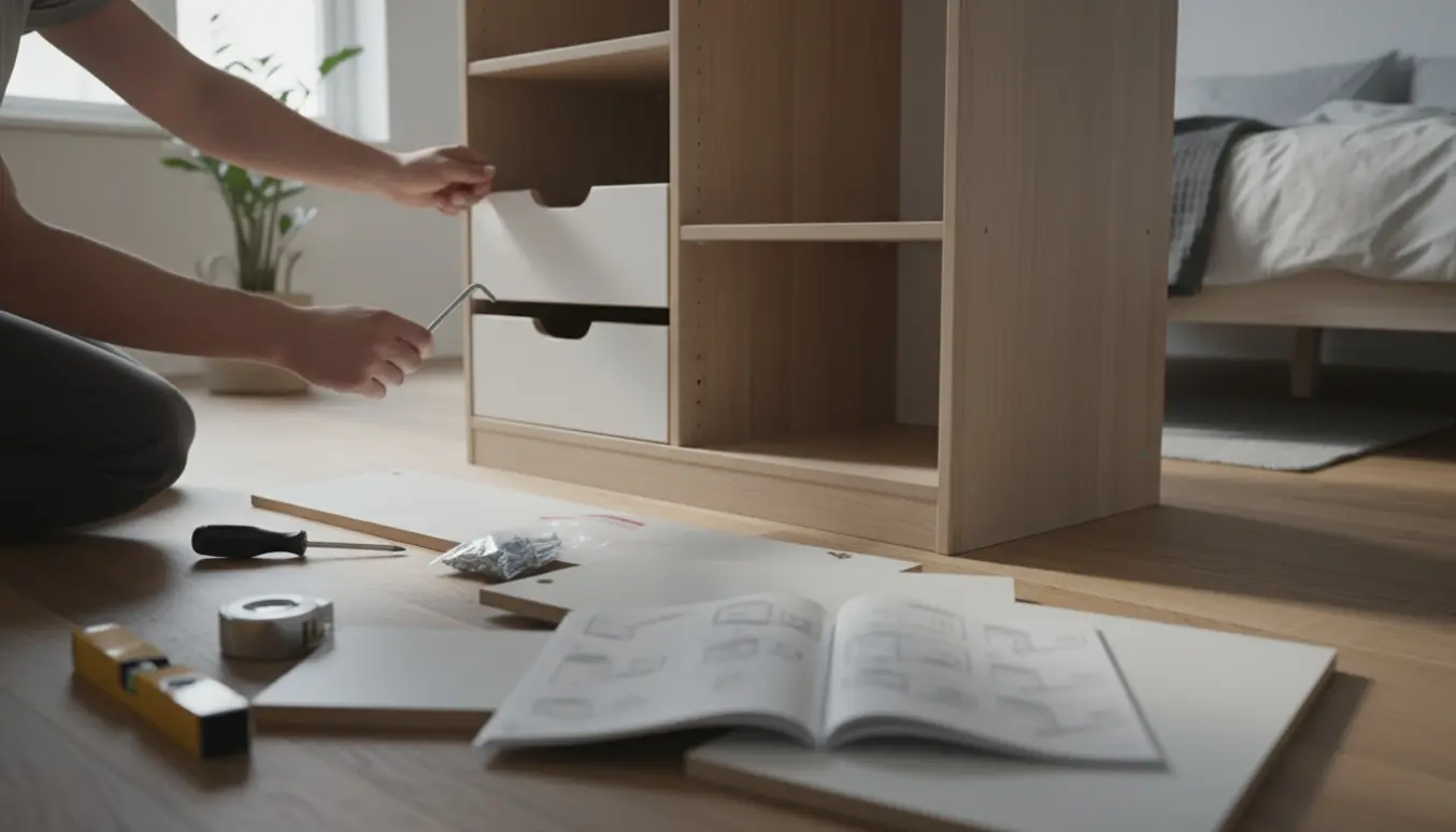 Hænder samler en halvfærdig SONGESAND-garderobe i et lyst, skandinavisk værelse med værktøj og træpaneler.