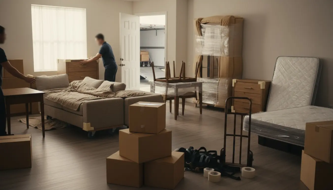 Møbler og flyttekasser klar til flytning i en lys stue, med flyttefolk set bagfra.