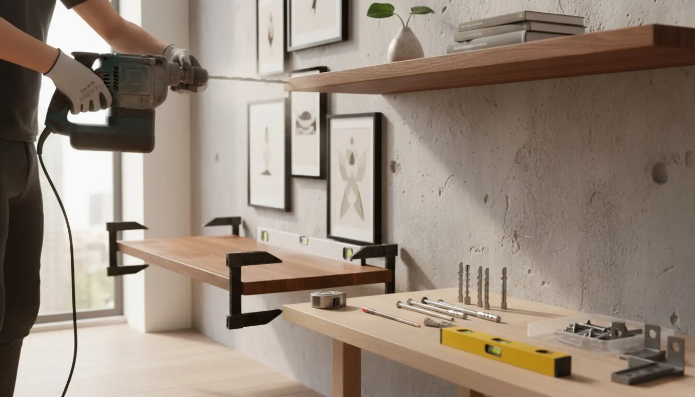 Nærbillede af hænder, der borer i beton for at montere to tunge træhylder og hænge billeder.