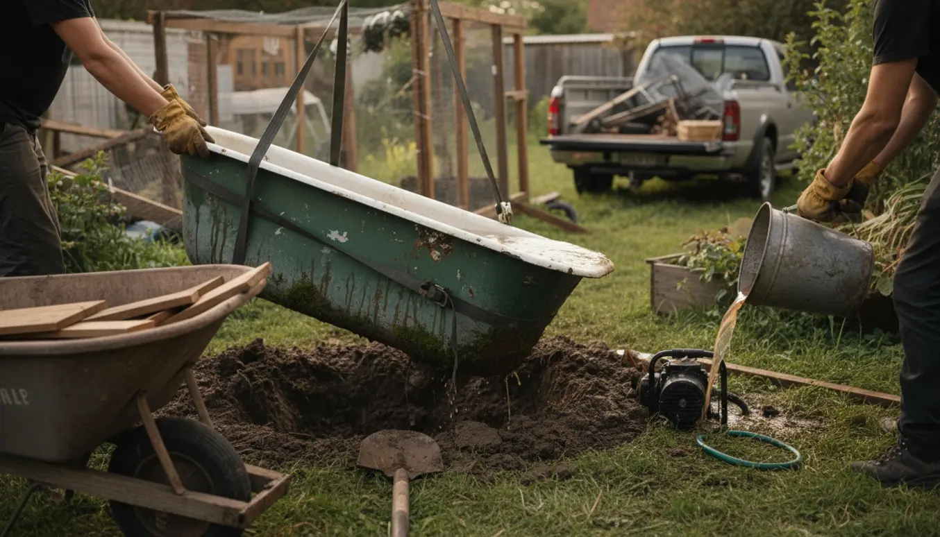 Et grønt, slidt badekar trækkes op af mudderet i en nedrevet hønsegård og tømmes, klar til at blive kørt til genbrug.