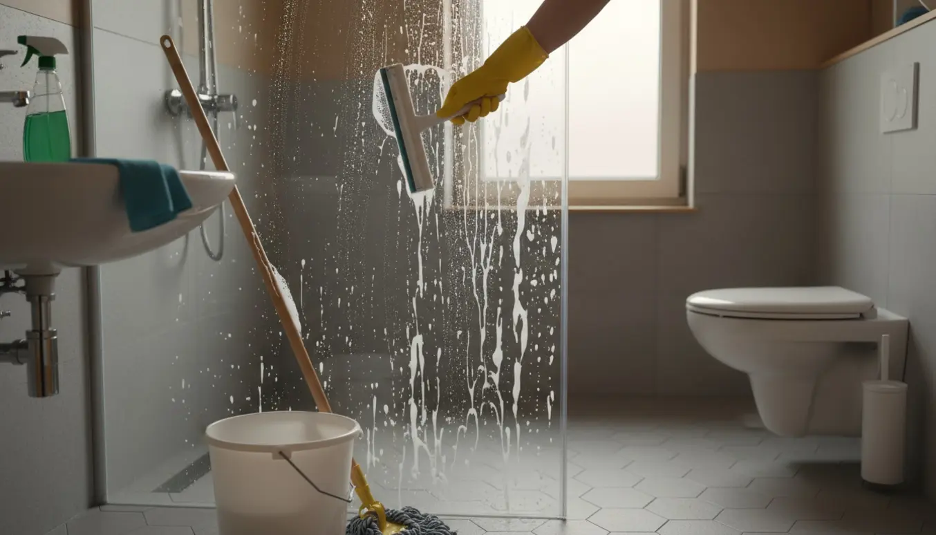 Nærbillede af rengøring i et lille badeværelse med gummihandsker, vindueshøjde og rengøringsredskaber.