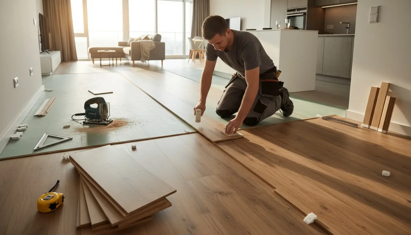 Håndværker lægger laminatgulv i gang, stue og køkken med værktøj og lister ved siden af.