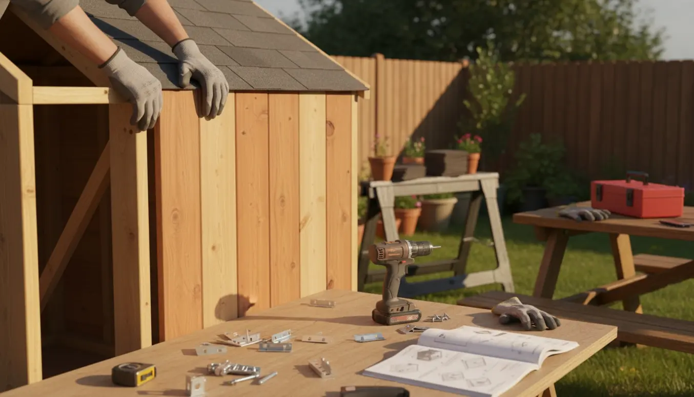 Nærbillede af hænder, der samler et træopbevaringsskur i en solrig baghave med værktøj og dele spredt.