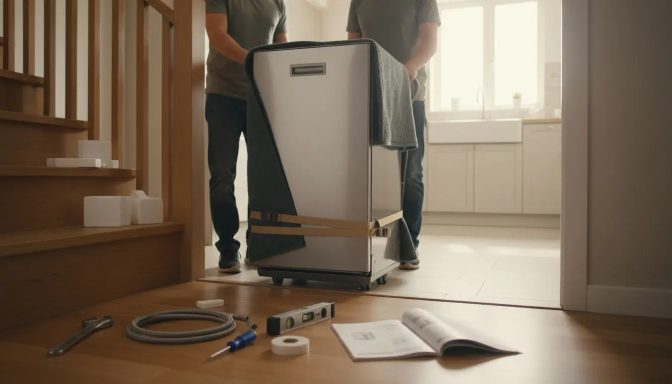 Smal opvaskemaskine bæres op ad en trappe mod et køkken med værktøj klar til montering.