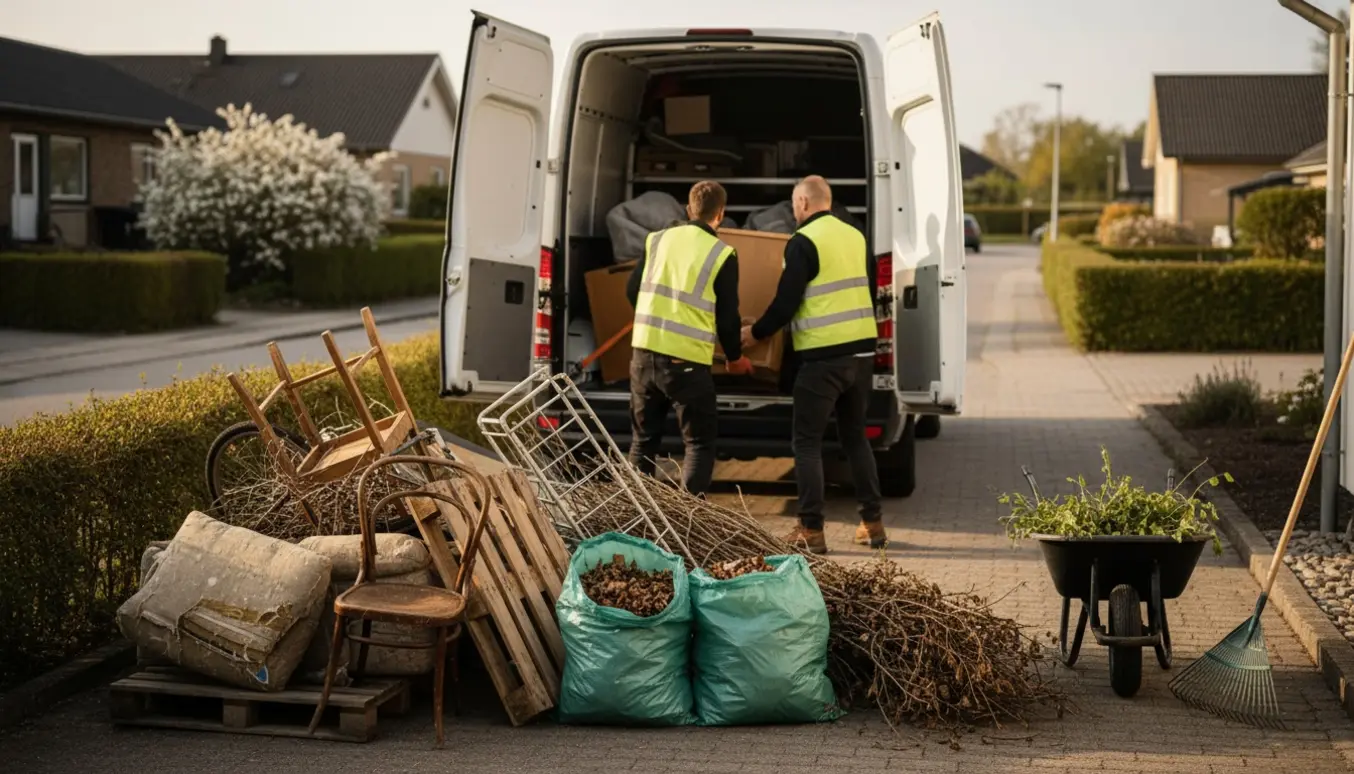 To arbejdere læsser storskrald og haveaffald ind i en stor varebil på en indkørsel.