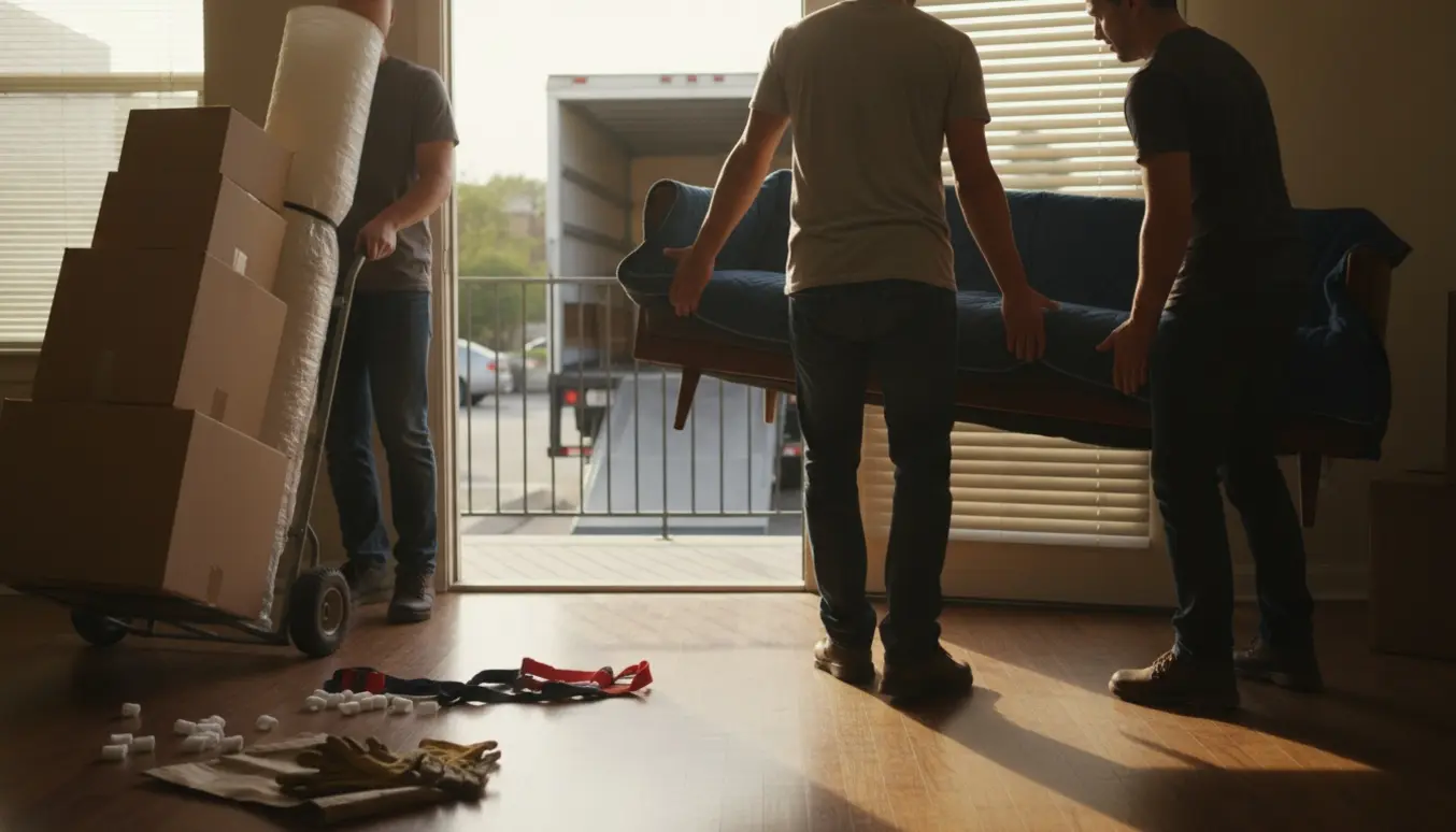 To personer bærer en sofa ind gennem en åben dør med flyttekasser og en trillebør i baggrunden.