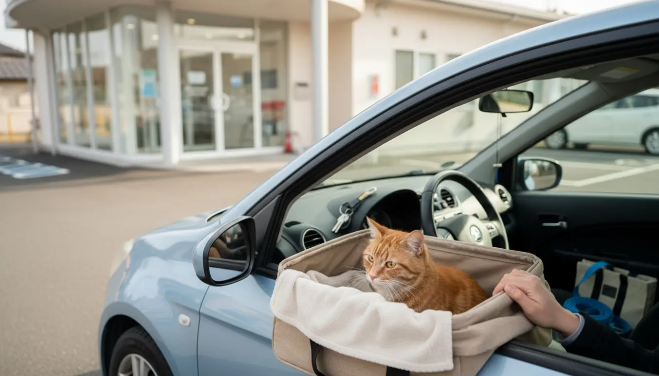 Person venter i bil uden for en dyreklinik med et kæledyr i en åben transportkasse.