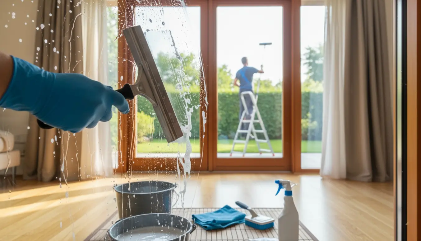 Handsker og vinduesskraber rengør store terrassedøre og vinduer i et lyst hjem.