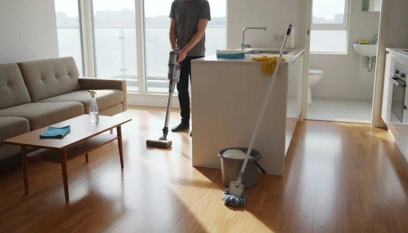 Rengøring i lys lejlighed med støvsuger, moppe og rengøringsmidler i stue og køkken.