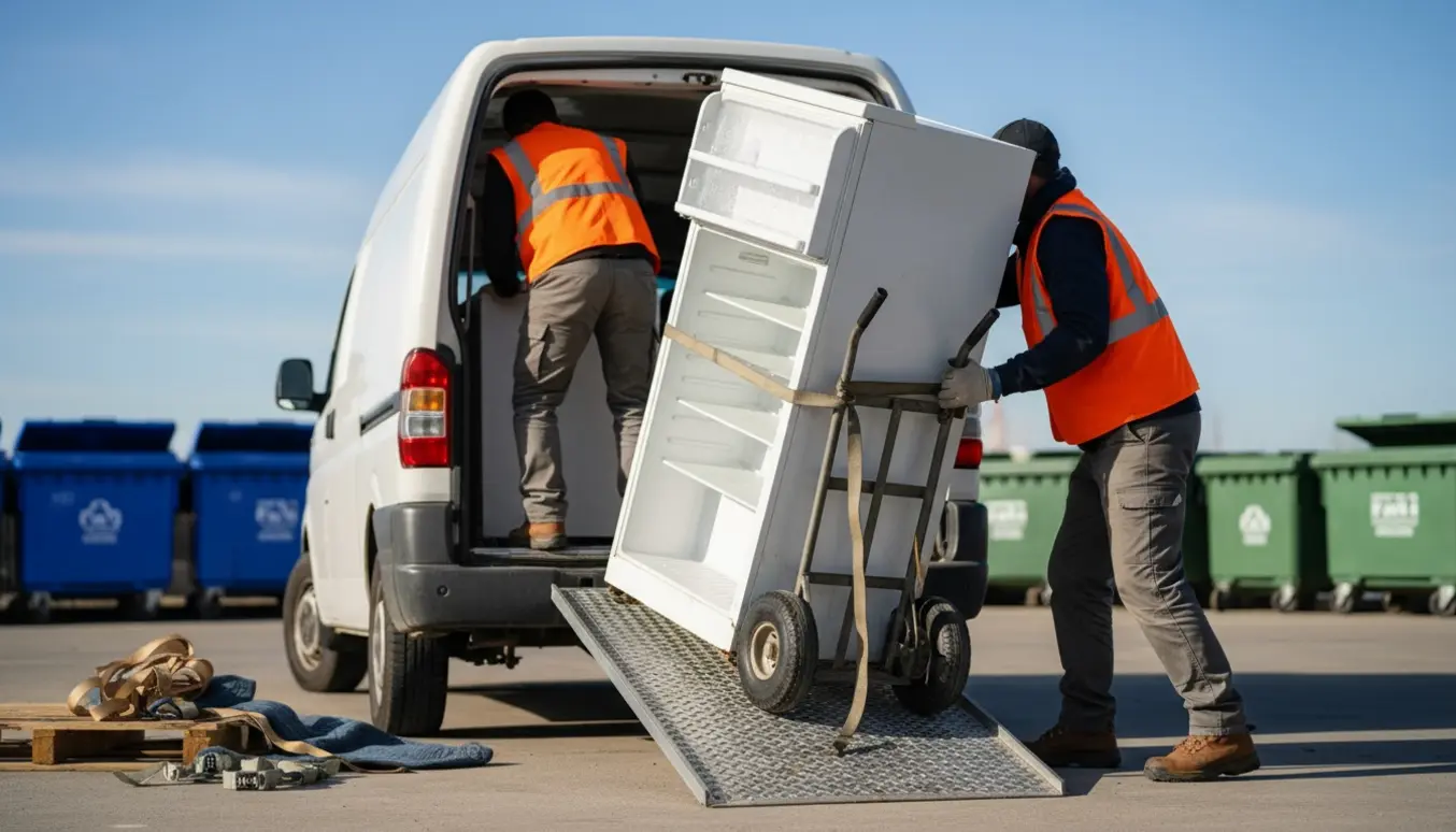 Et brugt køleskab læsses med sækkevogn ind i en varebil ved en genbrugsplads.
