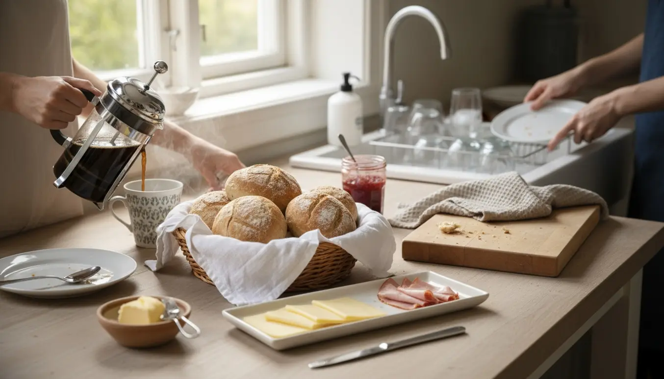 Morgenbord med friskbrygget kaffe, rundstykker og pålæg, mens hænder rydder op ved opvasken.