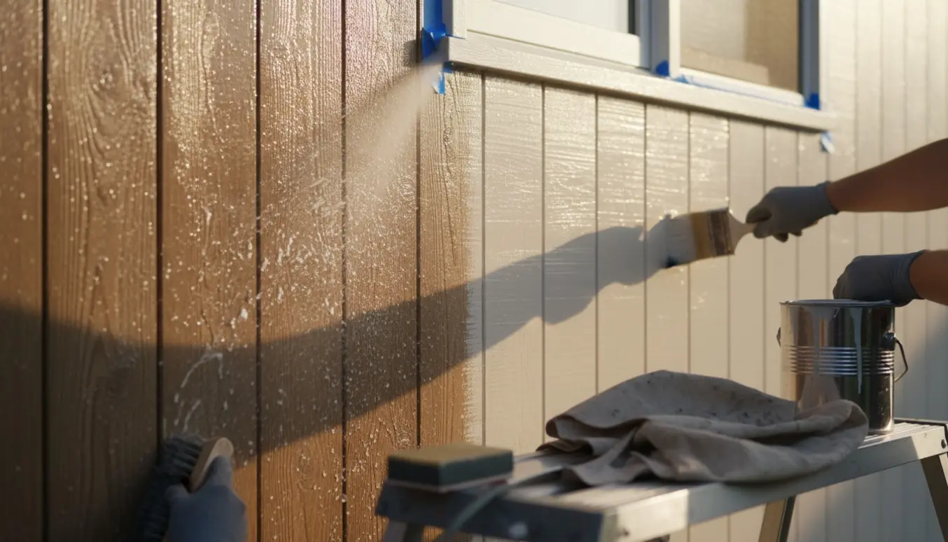 Håndværker vasker og maler udvendigt træværk på et hus med malerbøtte, rulle og stige.