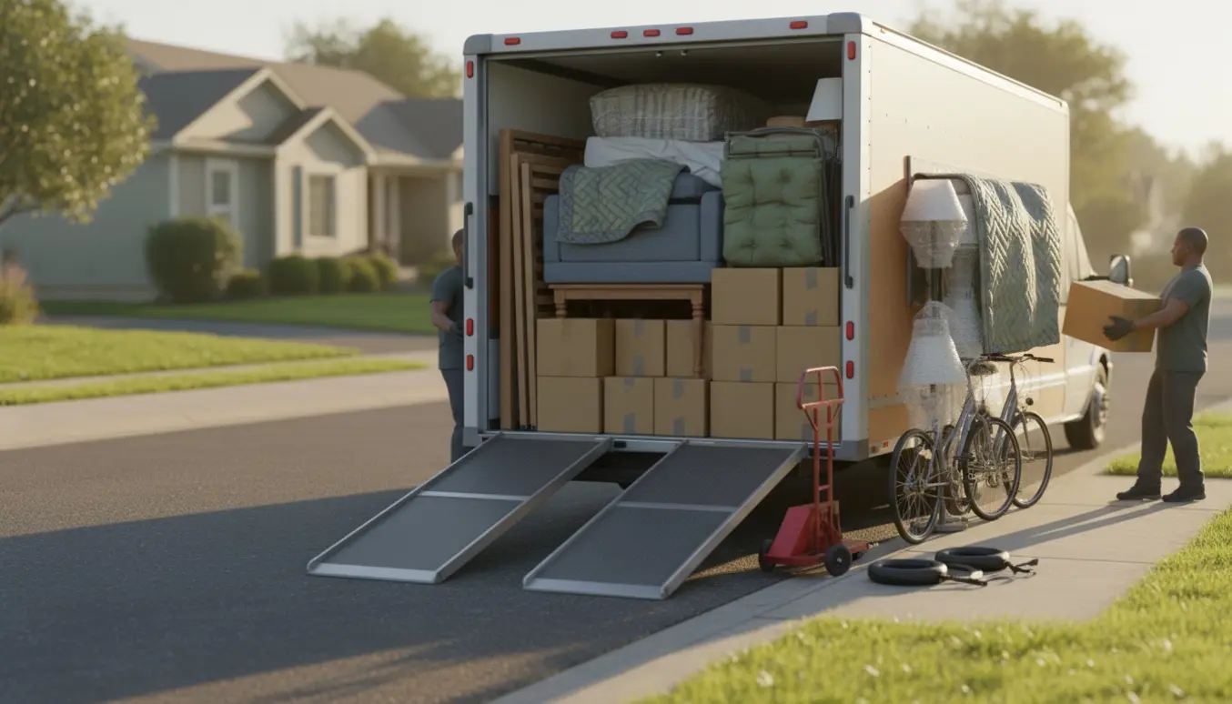 Åben flyttebil med indpakkede senge, sofaer, cykler og stabler af flyttekasser på en solrig flyttedag, uden tydelige ansigter.