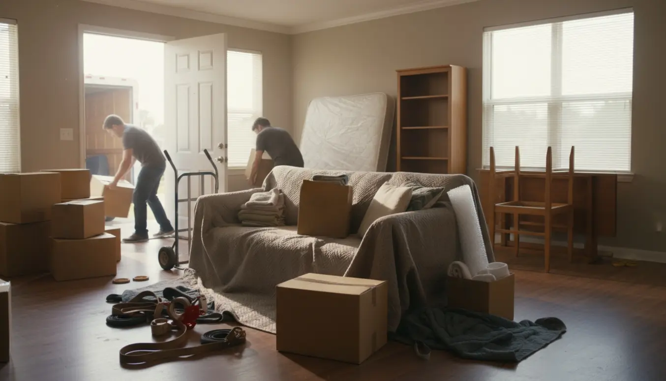 Indendørs flyttescene med sofa, seng, bord og omkring femten flyttekasser ved en åben dør.