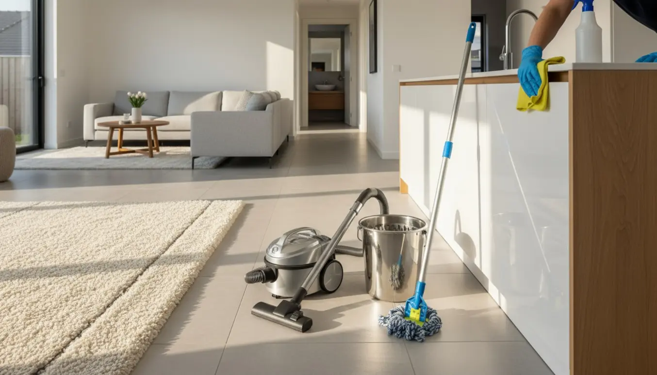 Lyst hjem i gang med almindelig rengøring: støvsuger på klinkegulv, moppe og hænder der tørrer en køkkenfront af.