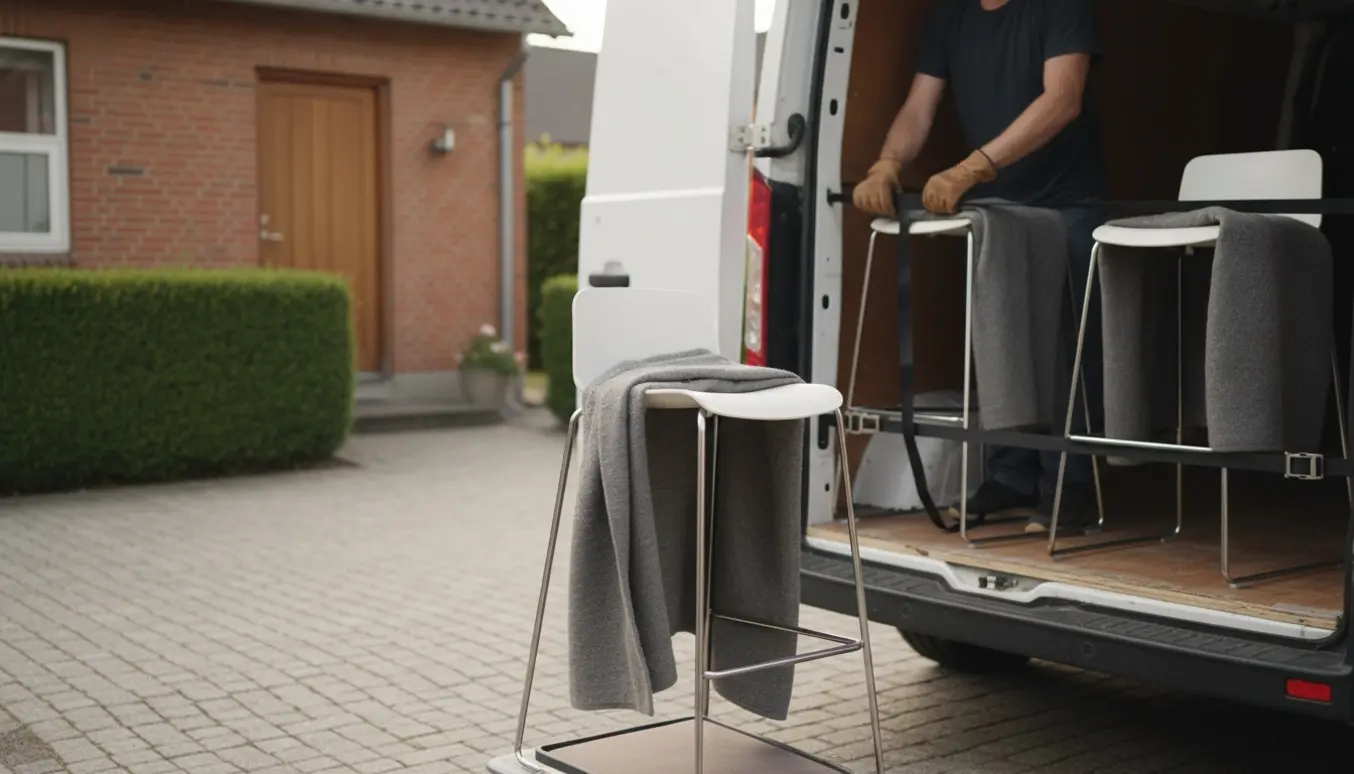 Tre moderne barstole af plastik og stål ved en åben flyttevogn foran et dansk forstadshus.