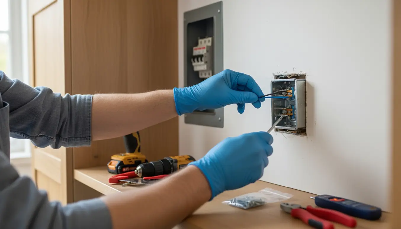 Hænder installerer en stikkontakt i et skab med hul i væggen og værktøj på hylden.