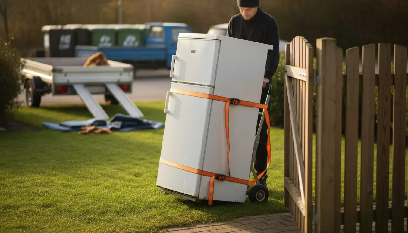 En person læsser et gammelt køle-/fryseskab fra haven på en trailer ved Amager, ansigtet ikke synligt.