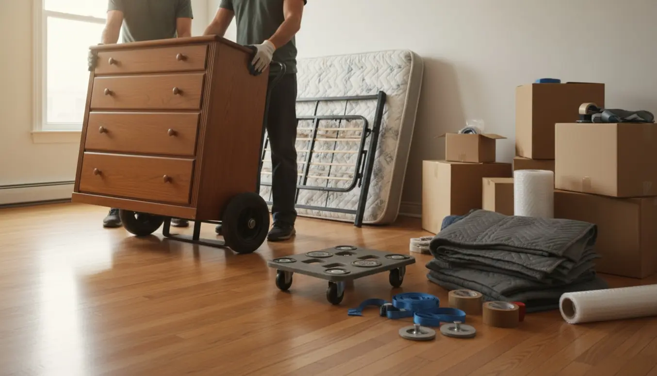 Kommode på dolly og madras i en lys lejlighed omgivet af papkasser og flytteudstyr uden synlige ansigter.