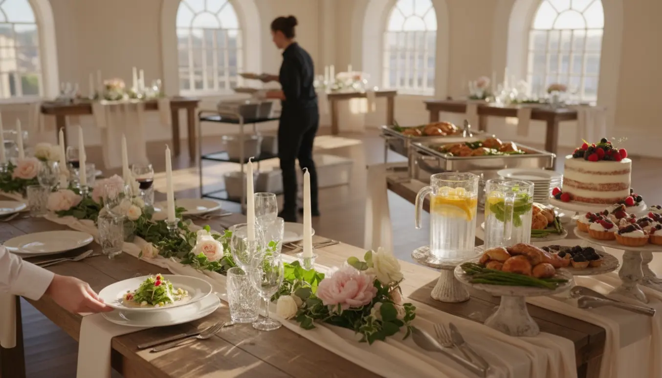Bryllupsbord og selvbetjeningsbord i et lyst lokale med serveret forret og personale, der rydder op.