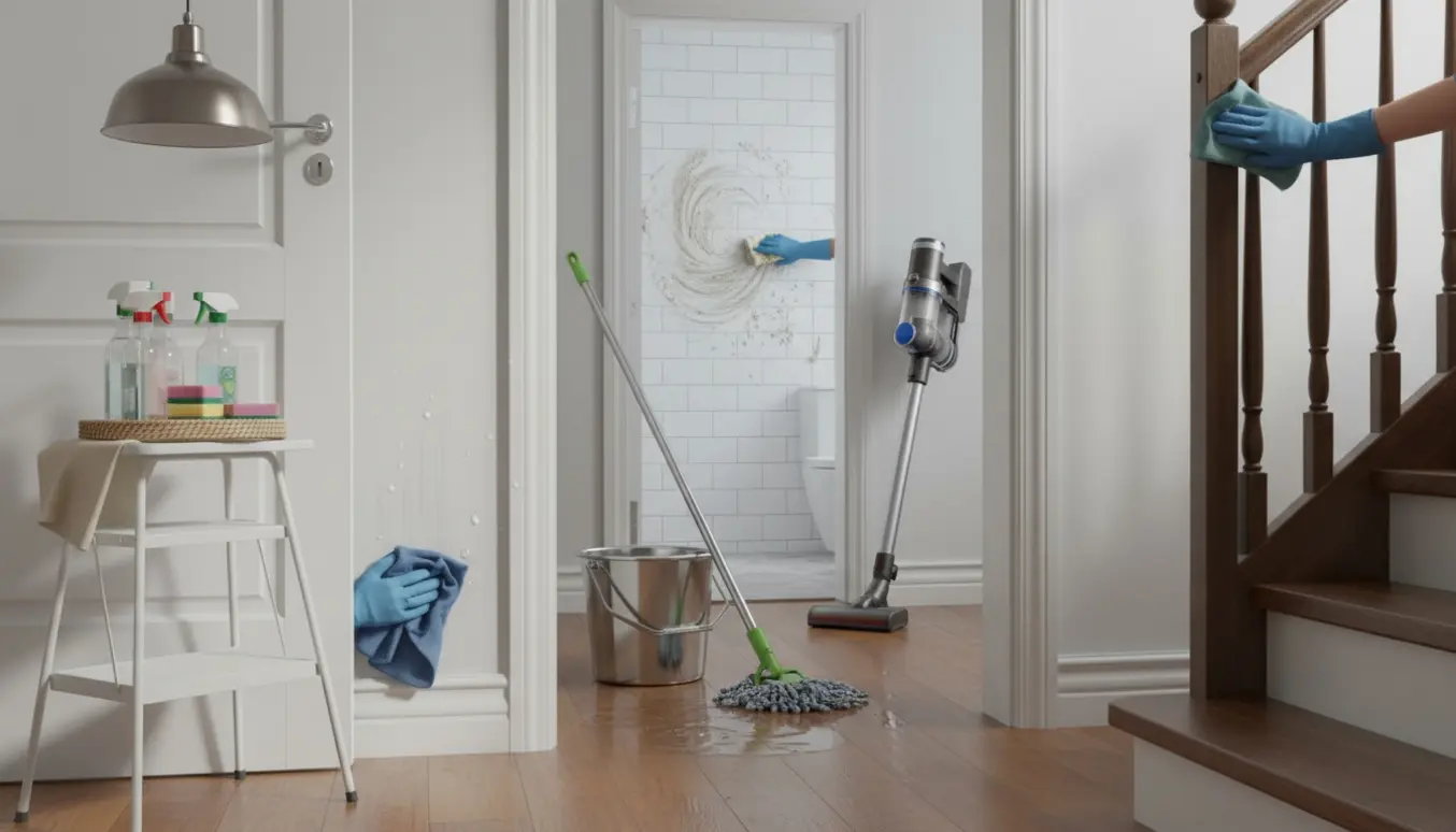 Gloved hænder tørrer dørkarme og gulv, moppe, støvsuger og en arm skrubber kalk væk i badeværelset.