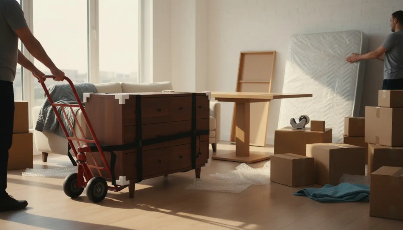 Flyttefolk læsser møbler og flyttekasser i en lys stue, ansigter ikke synlige.