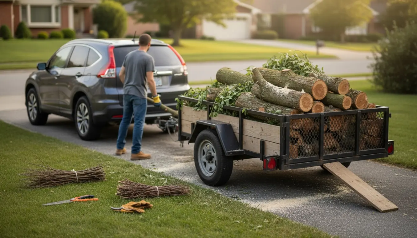 En person læsser afklippede trætopstykker på en lille anhænger trukket af en bil i indkørslen.