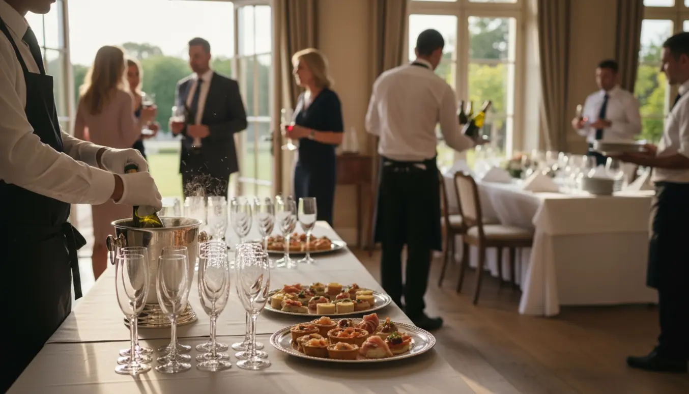 Cateringpersonale forbereder bobler og serverer vin til et bryllup i blødt varmt lys.