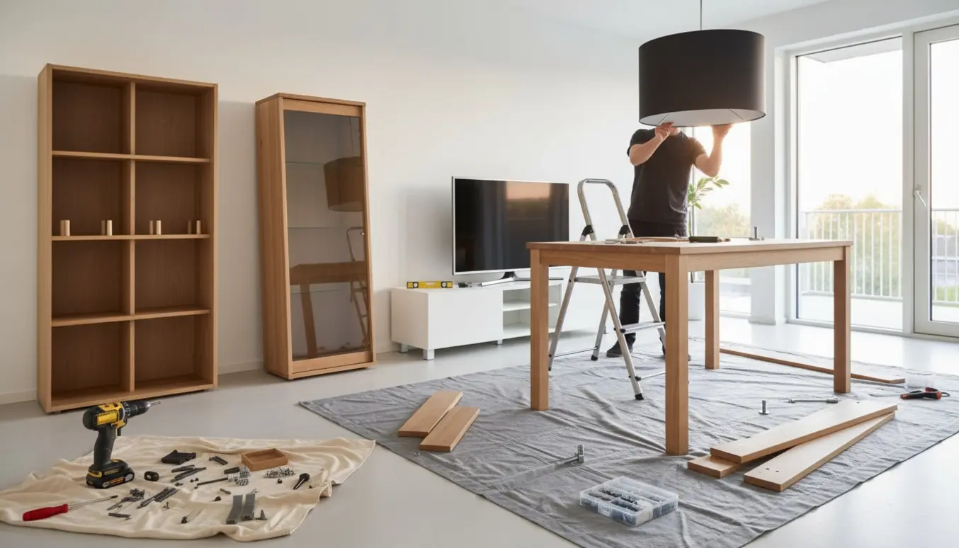 En person hænger en lampe i en stue, mens spisebord, reol, tv og vitrineskab er delvist samlet med værktøj omkring.