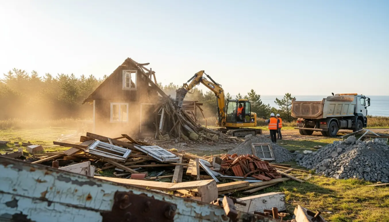 Delvist nedrevet træ-sommerhus med gravemaskine og bunker af byggeaffald på en solbeskinnet grund.