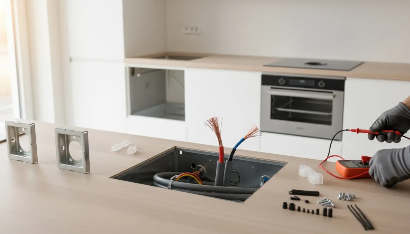 Installatør samler 3-faset kabel i et moderne køkken ved ovn- og opvaskemaskineudtag med induktionskogeplade klar til tilslutning.