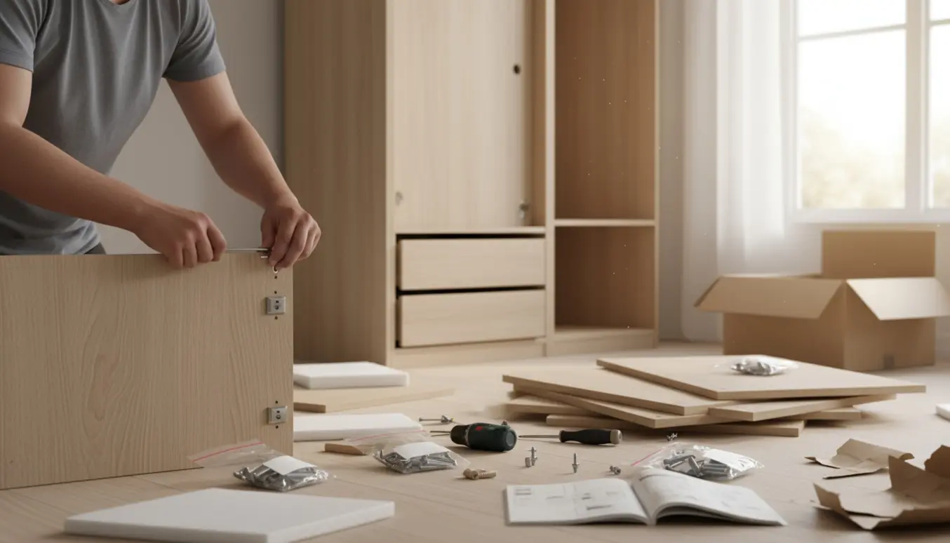 Hænder samler et mindre klædeskab i en lys stue med træpaneler, skruer og værktøj spredt omkring.