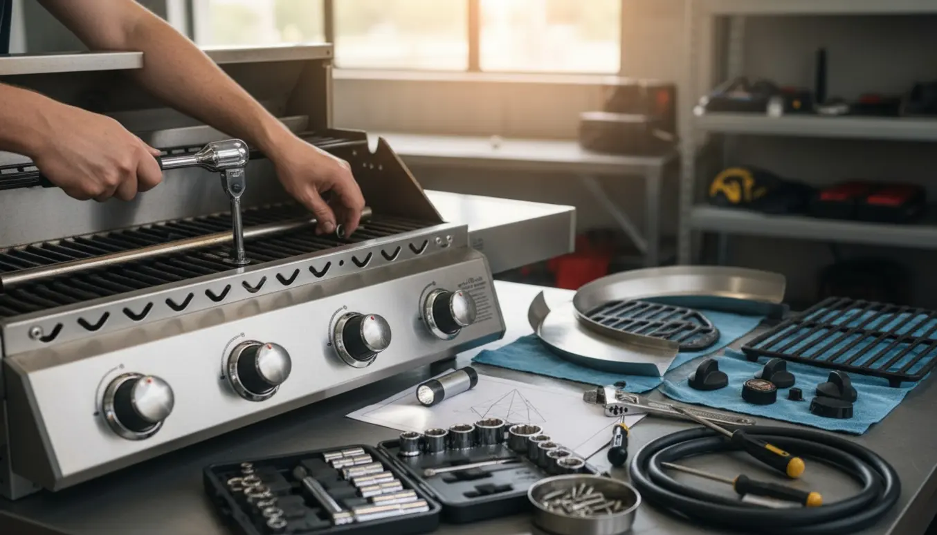 Hænder samler en delvist adskilt gasgrill på et værksted med værktøj og grilldele i blødt naturligt lys.