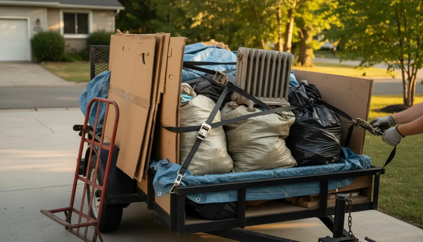 Åben trailer i indkørsel fyldt med pap, en lille radiator og sække fra en renovering.