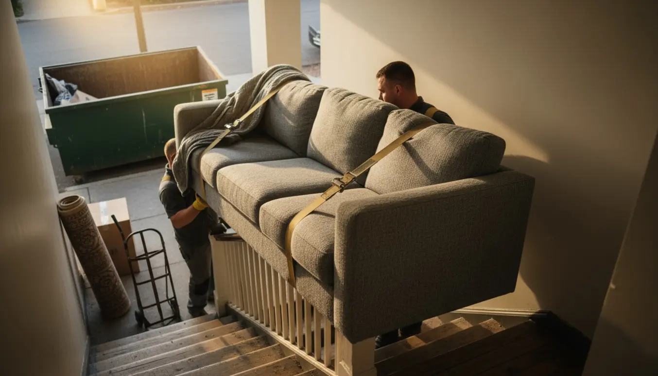 To personer bærer et stort hjørnesofastykke ned ad en trappe mod en åben affaldscontainer.