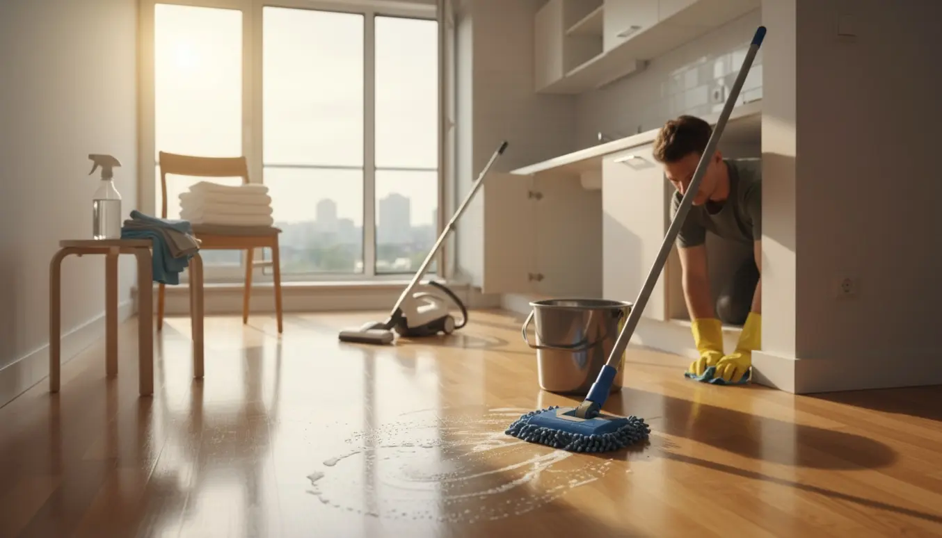 En person rengør en tom lejlighed med moppe og klud i varmt naturligt lys.