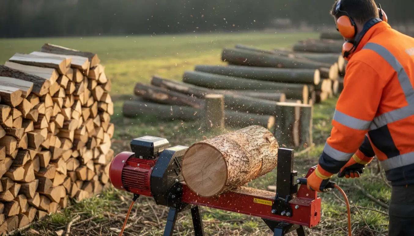 Elektrisk brændekløver kløver en træstamme med en stor stak brænde og savsmuld omkring.
