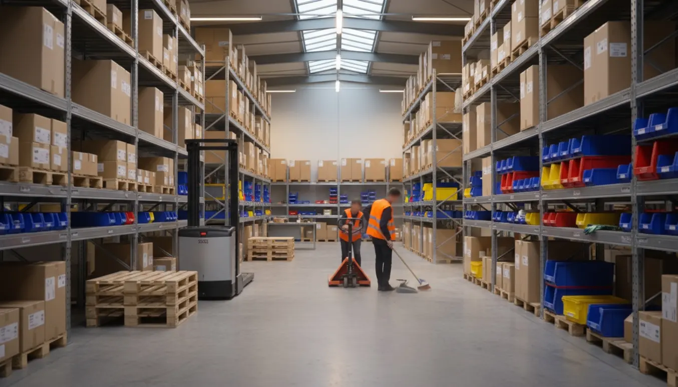Organiseret lagergang med stabler af kasser og medarbejdere set bagfra, der rydder op.