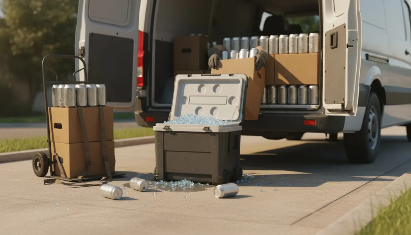 Kasser med dåser og en køleboks med is bliver læsset ind i en varebil på en indkørsel.