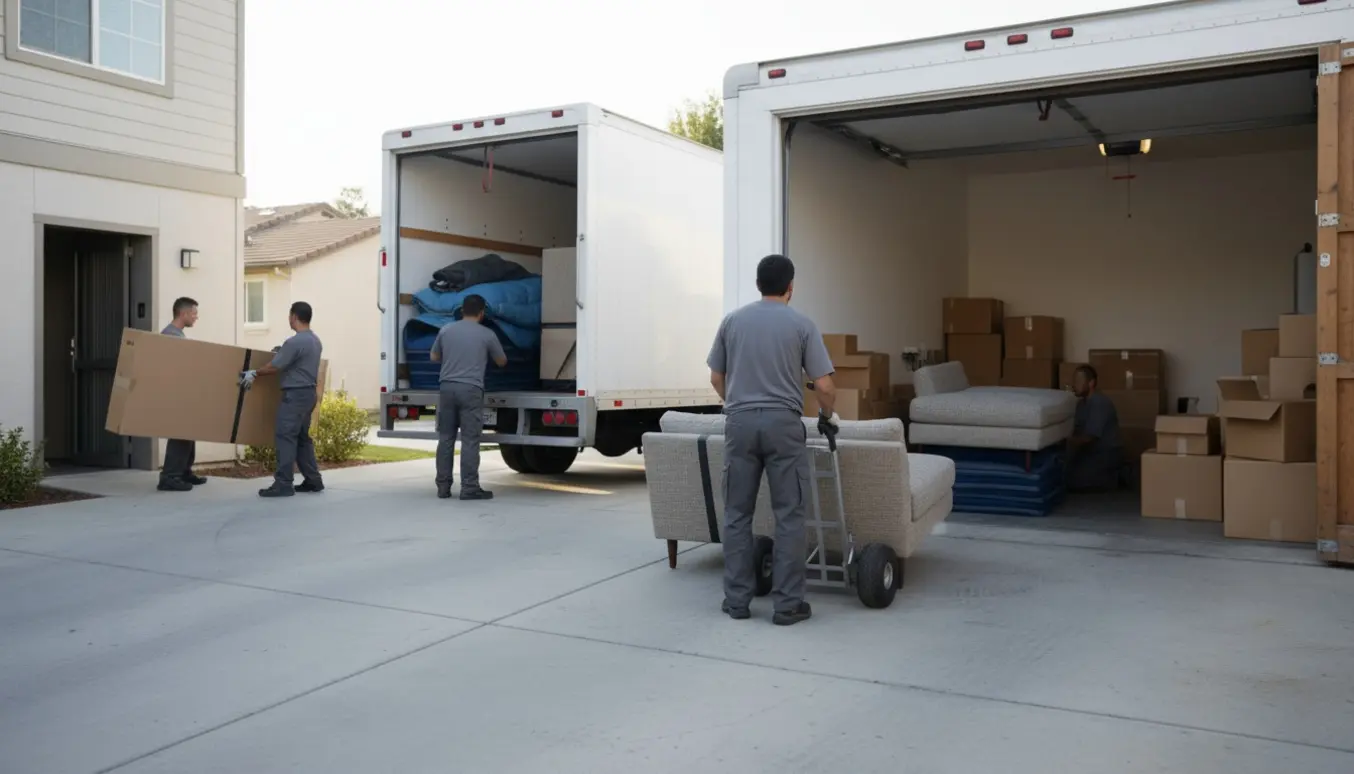 En adskilt 3-personers sofa bæres fra en flyttevogn og ind i en privat garage.